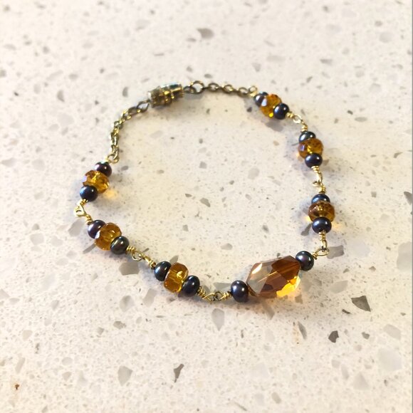 Handmade Beaded Bracelet – Crystal & Pearl Accents, Gold-Tone Chain - Picture 4 of 5